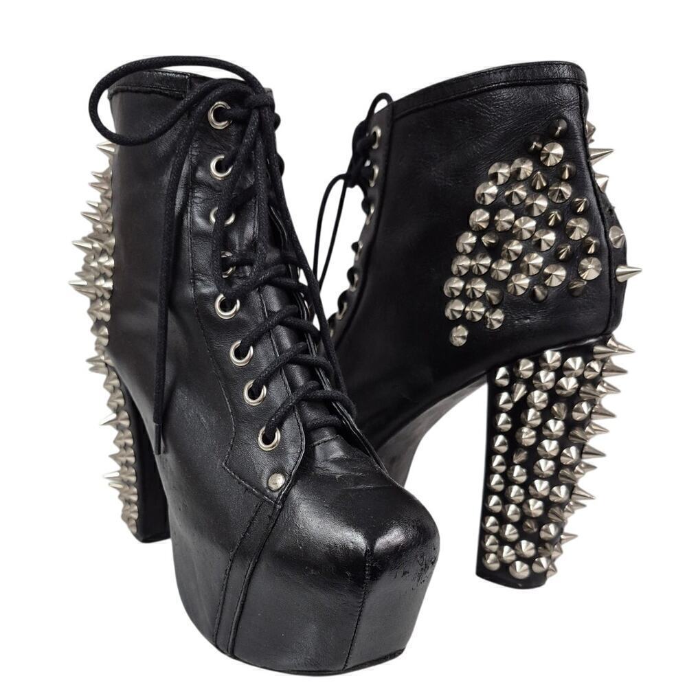 Spike Black Leather Silver Metal Spike Stud Platform Laceup Shoe Boots Sz 6.5 - Picture 12 of 16